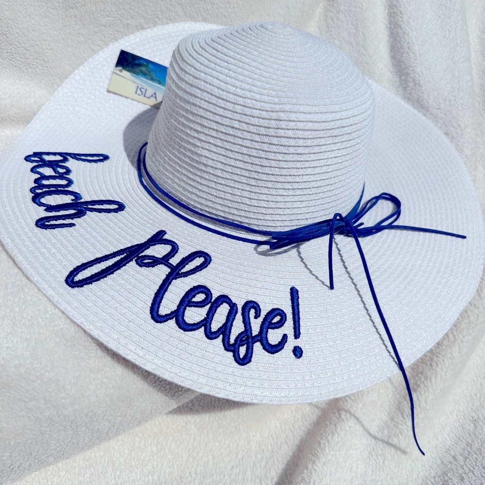 Isle Bonita BEACH PLEASE floppy hat. White beach sun hat with blue stitching NWT - Picture 7 of 7
